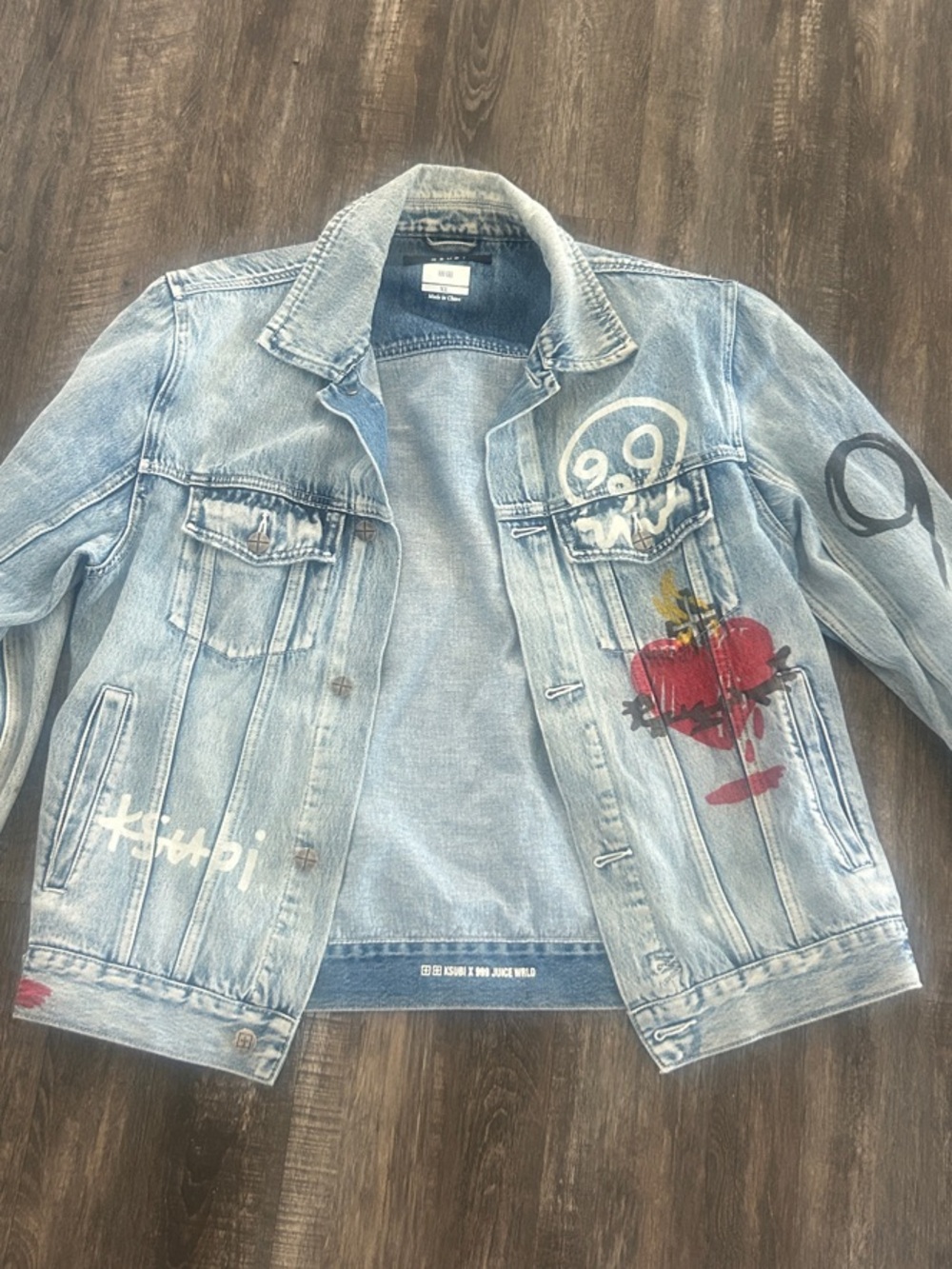 KSUBI X 999 Juice wrld Blue Denim Trucker Jacket with Red Heart & Skull Graphics